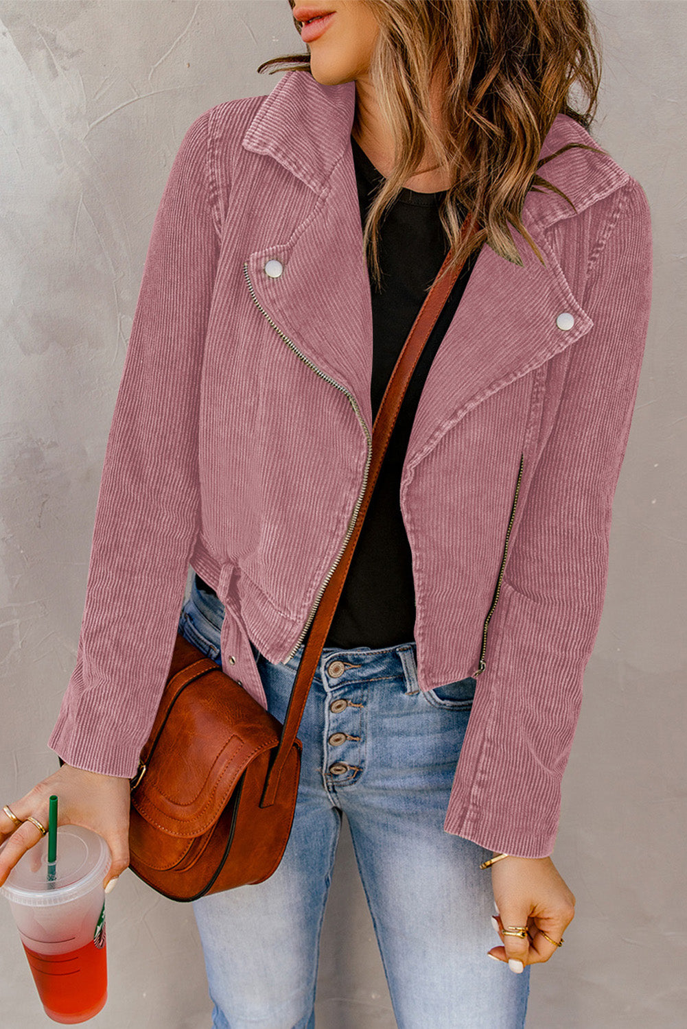 Belted Zip-Up Corduroy Jacket