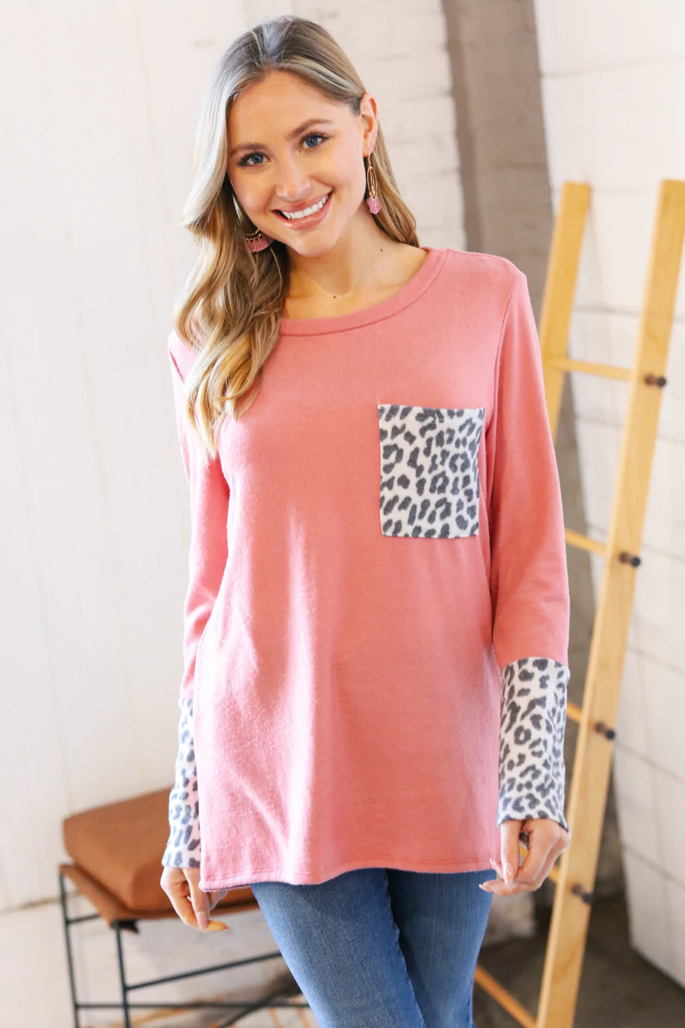 Rose Brushed Hacci Leopard Pocket Top