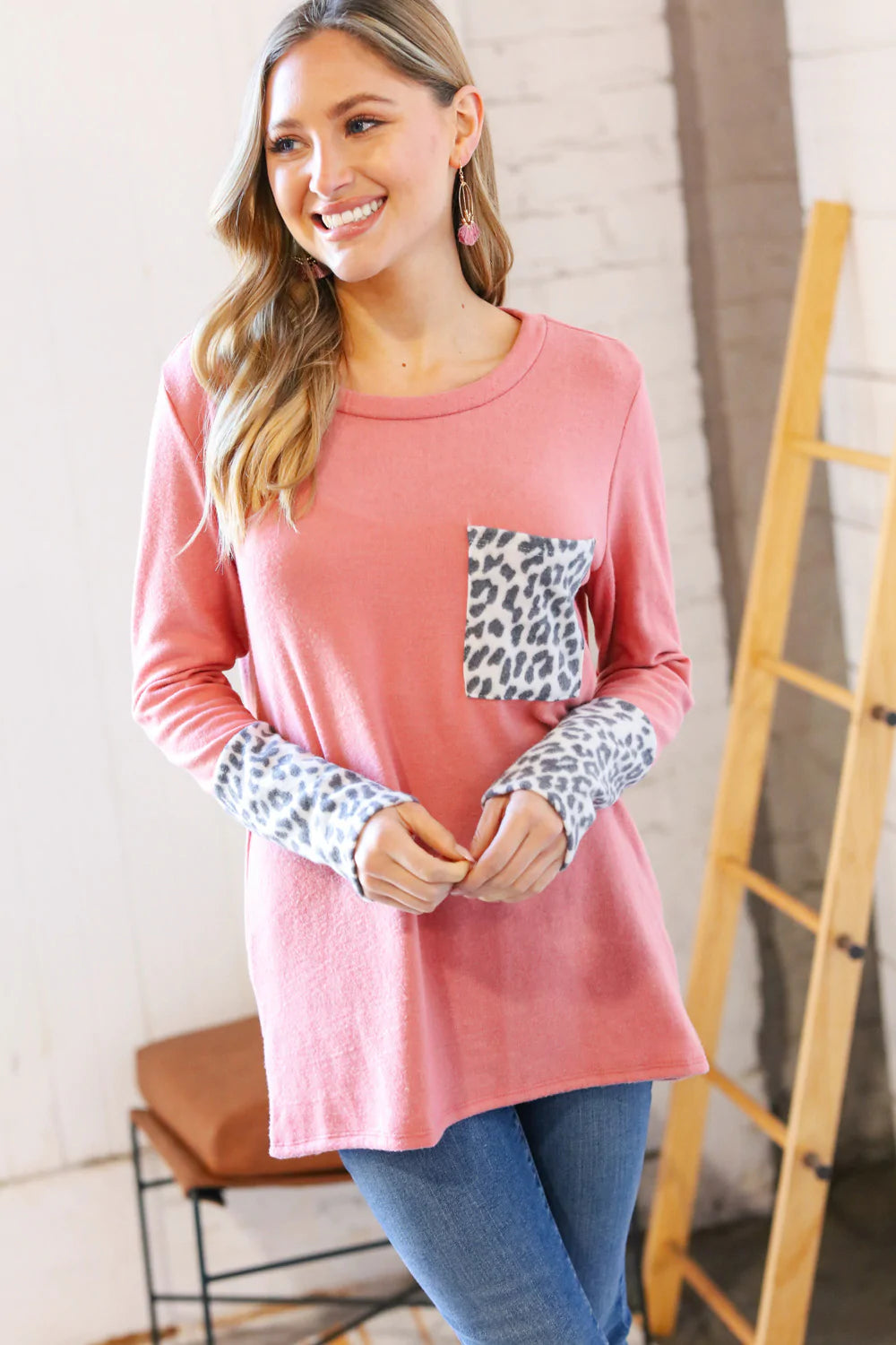 Rose Brushed Hacci Leopard Pocket Top