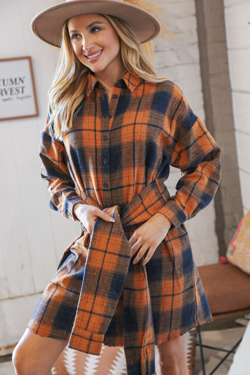 Navy/Rust Plaid Cotton Flannel Button Down Waist Tie Dress