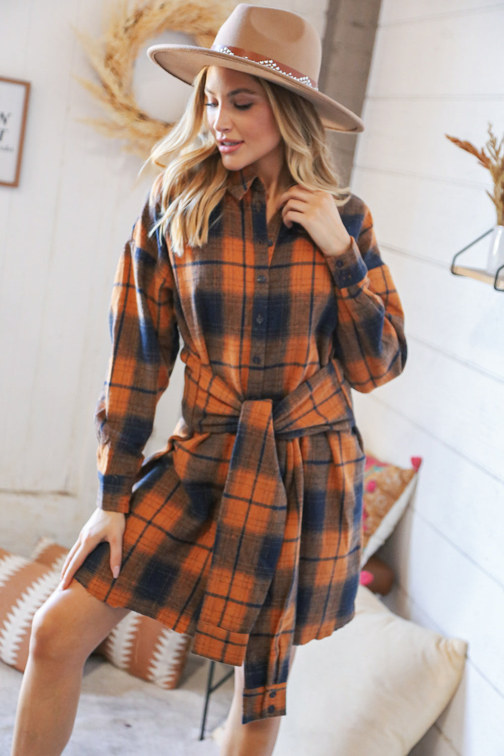 Navy/Rust Plaid Cotton Flannel Button Down Waist Tie Dress