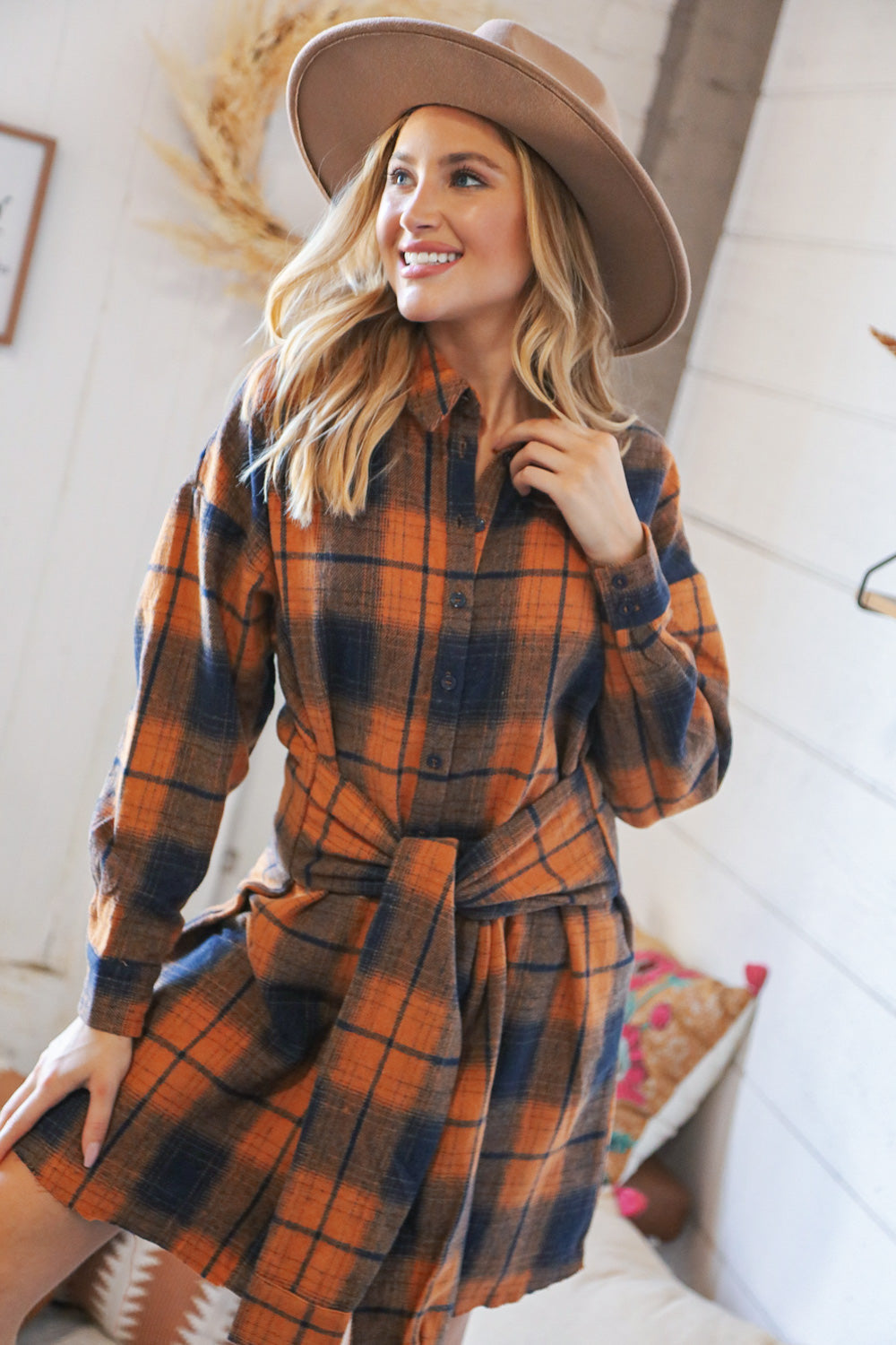 Navy/Rust Plaid Cotton Flannel Button Down Waist Tie Dress