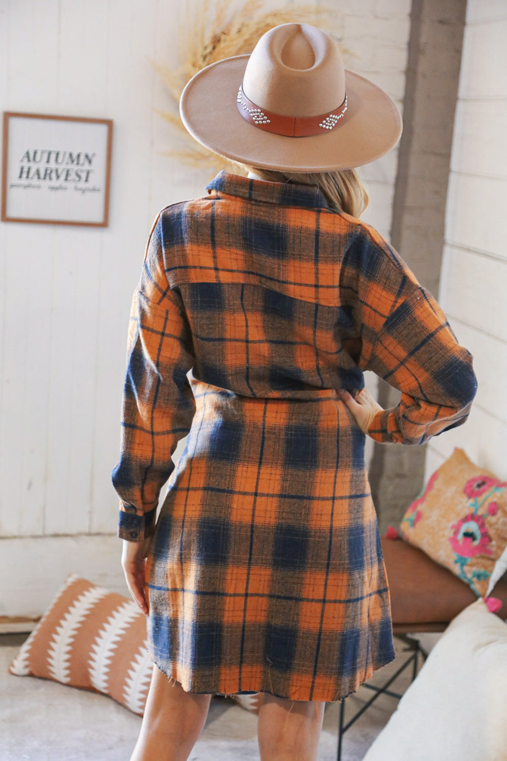 Navy/Rust Plaid Cotton Flannel Button Down Waist Tie Dress