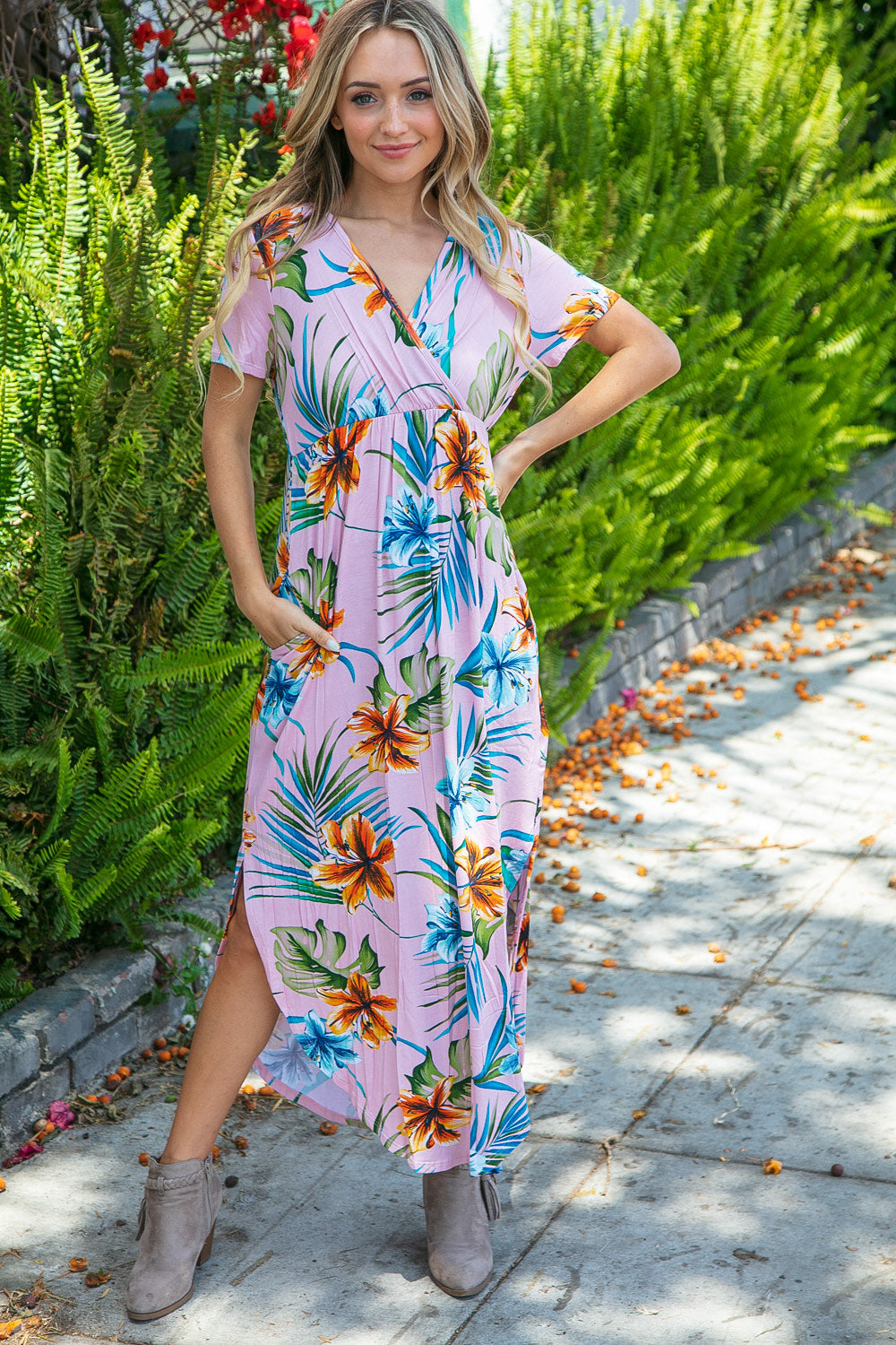 Tropical Floral Surplice Elastic Waist Side Slit Maxi Dress