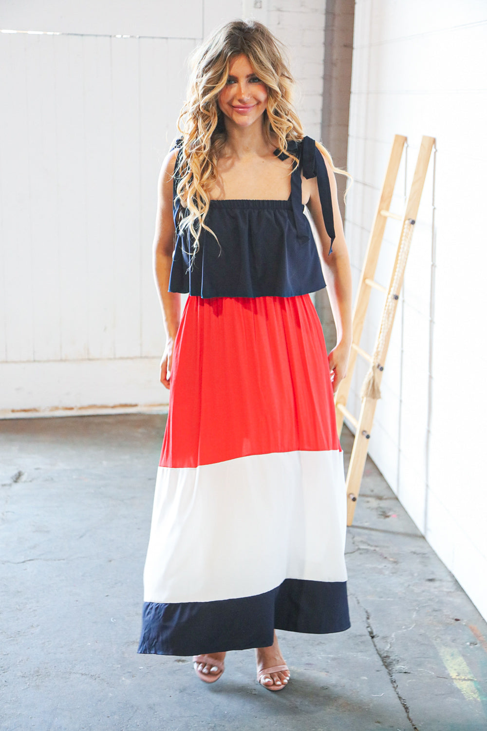 Navy & Red Color Block Tiered Shoulder Tie Ruffle Maxi Dress