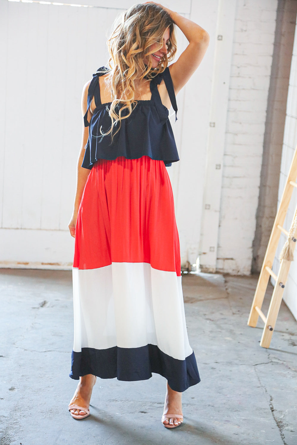 Navy & Red Color Block Tiered Shoulder Tie Ruffle Maxi Dress