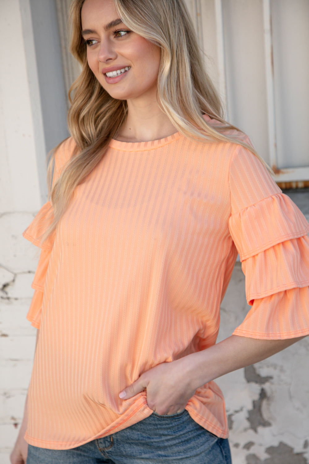 Apricot Round Neck Vertical Textured Pointelle Top