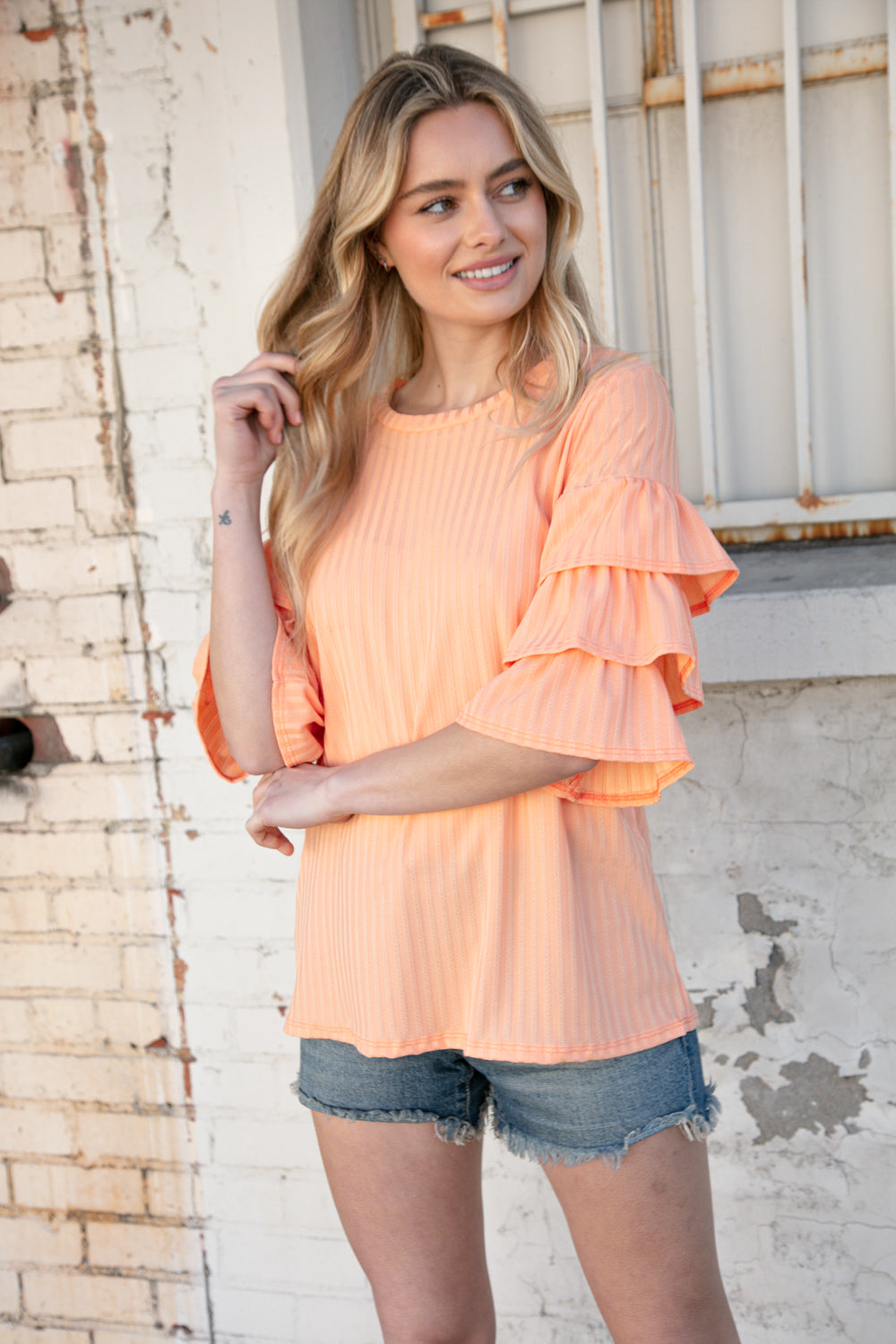 Apricot Round Neck Vertical Textured Pointelle Top