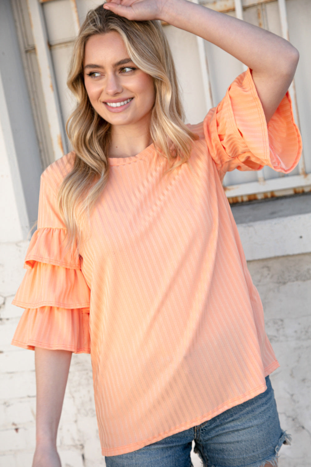 Apricot Round Neck Vertical Textured Pointelle Top