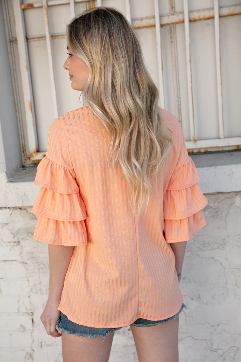 Apricot Round Neck Vertical Textured Pointelle Top