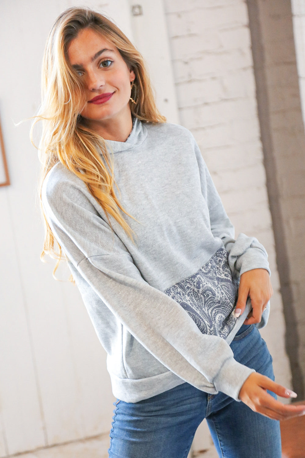 Grey Paisley Cotton Sash Tied Back Loose Fit Hoodie