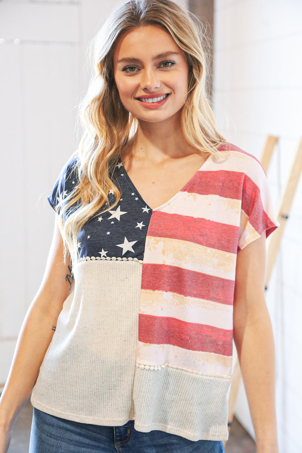 Patriotic Flag Terry Rib V Neck Crochet Top