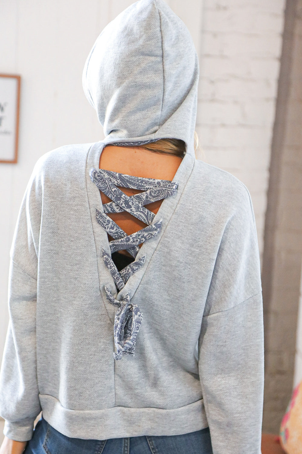 Grey Paisley Cotton Sash Tied Back Loose Fit Hoodie