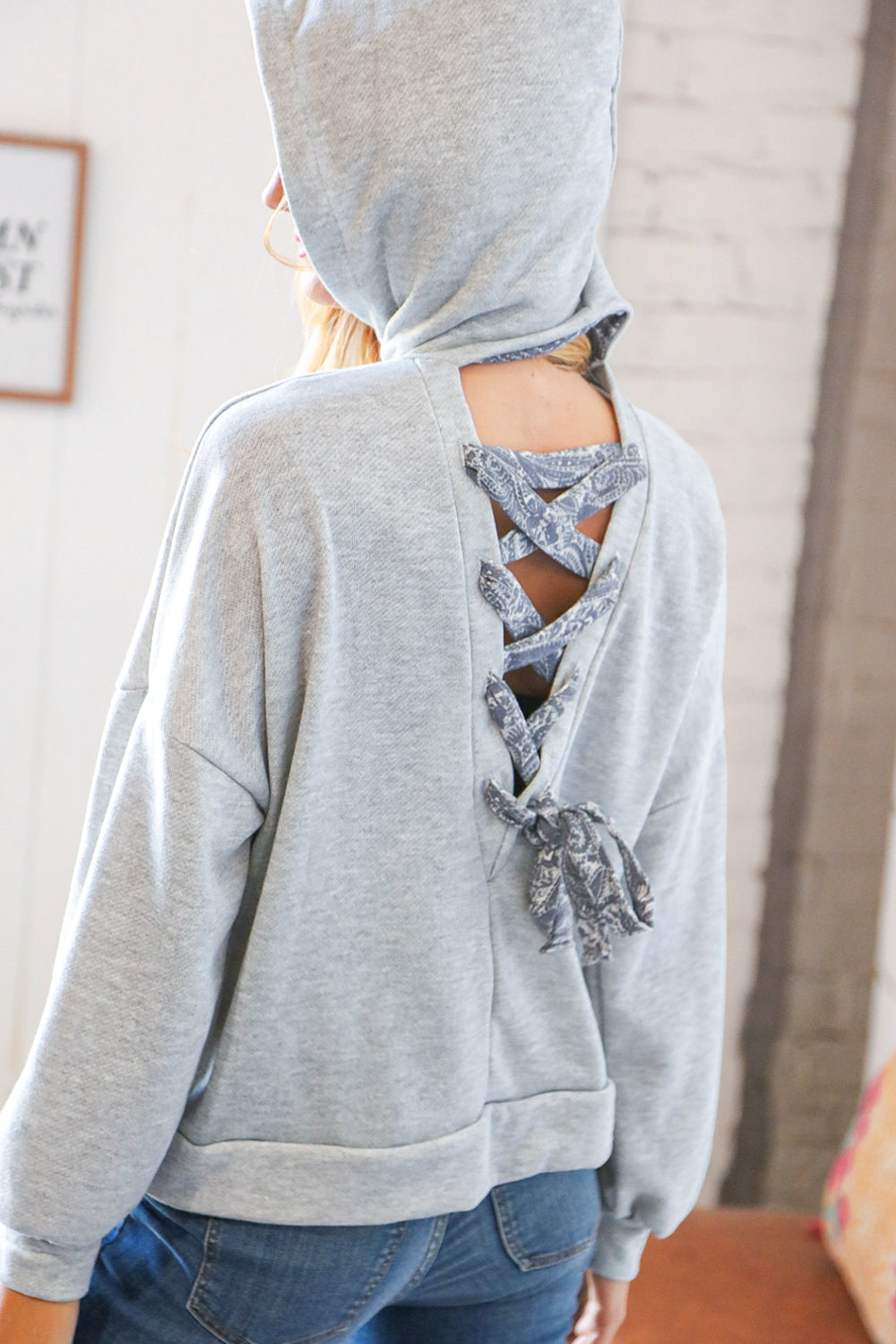 Grey Paisley Cotton Sash Tied Back Loose Fit Hoodie