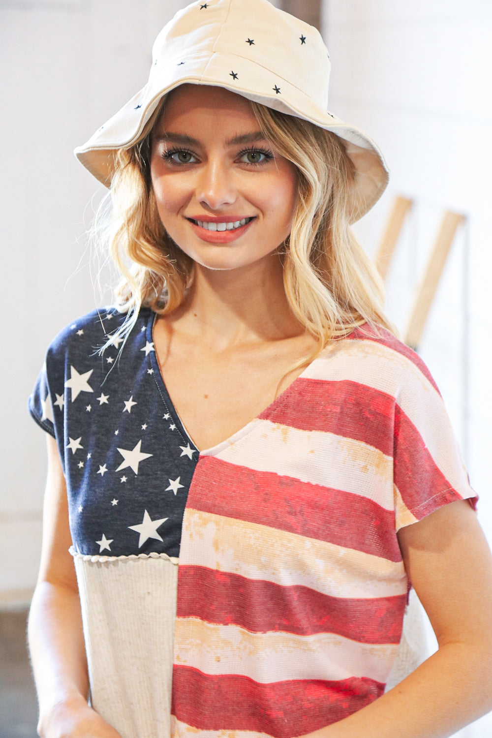 Patriotic Flag Terry Rib V Neck Crochet Top