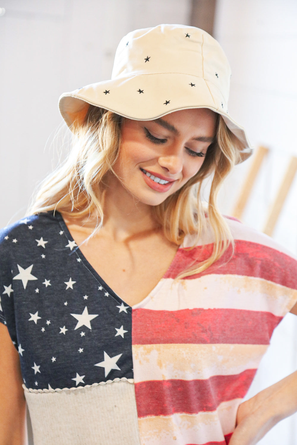 Patriotic Flag Terry Rib V Neck Crochet Top