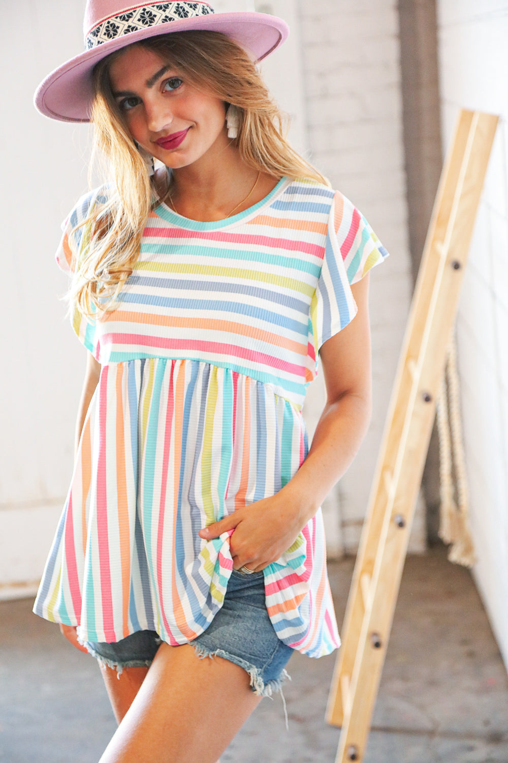 Rainbow Babydoll Peplum Rib Flutter Sleeve Top