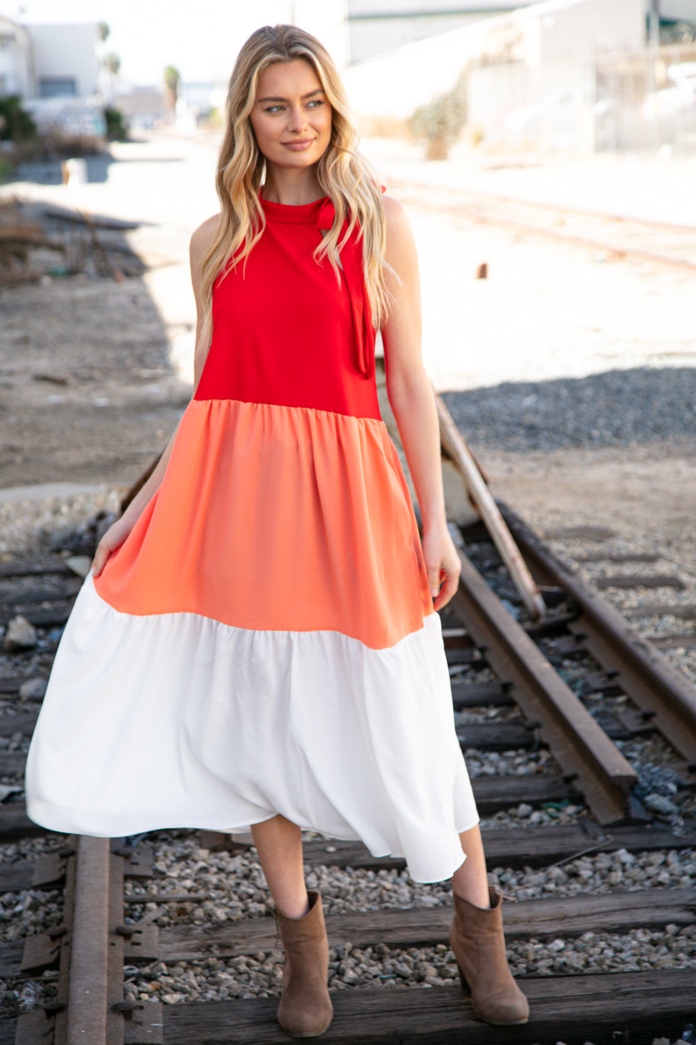 Red Color Block Tiered Halter Bow Tie Maxi Pocketed Dress