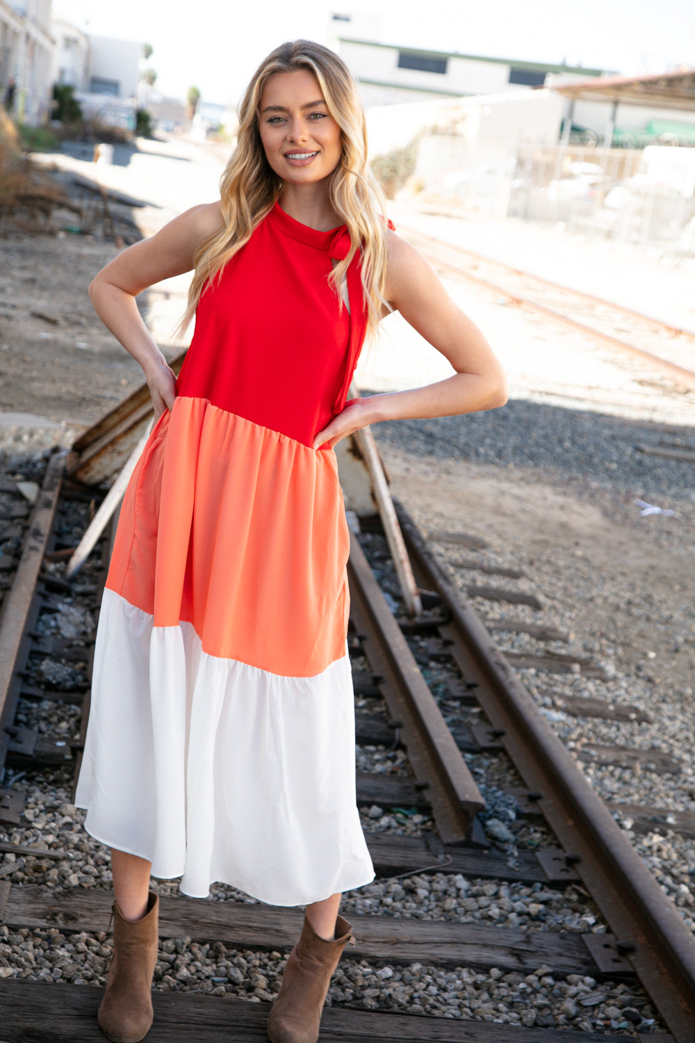 Red Color Block Tiered Halter Bow Tie Maxi Pocketed Dress