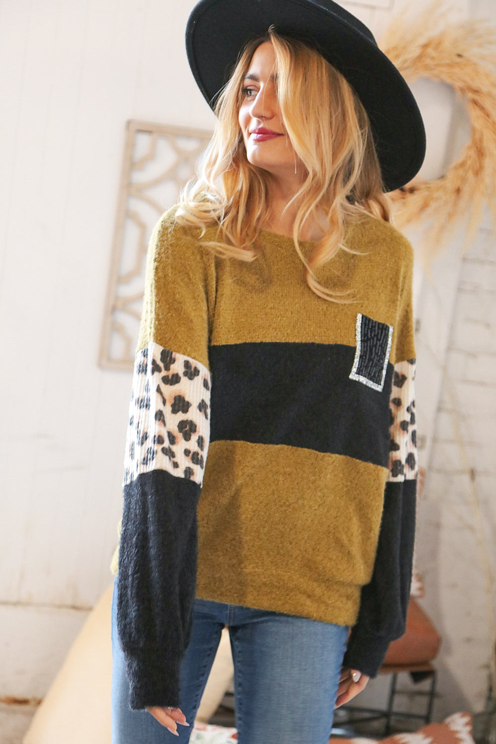 Olive Color Block Leopard Print Sequin Sweater