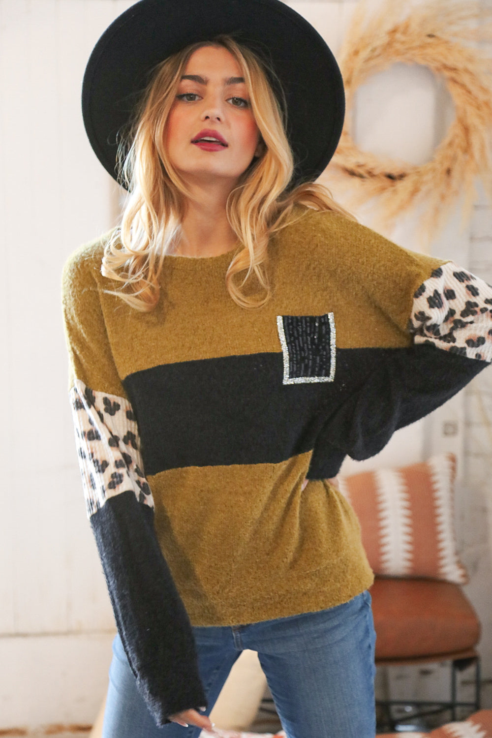 Olive Color Block Leopard Print Sequin Sweater