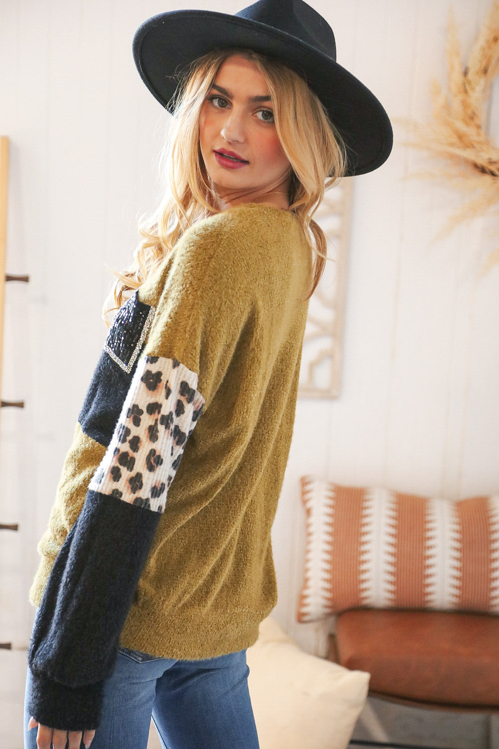 Olive Color Block Leopard Print Sequin Sweater