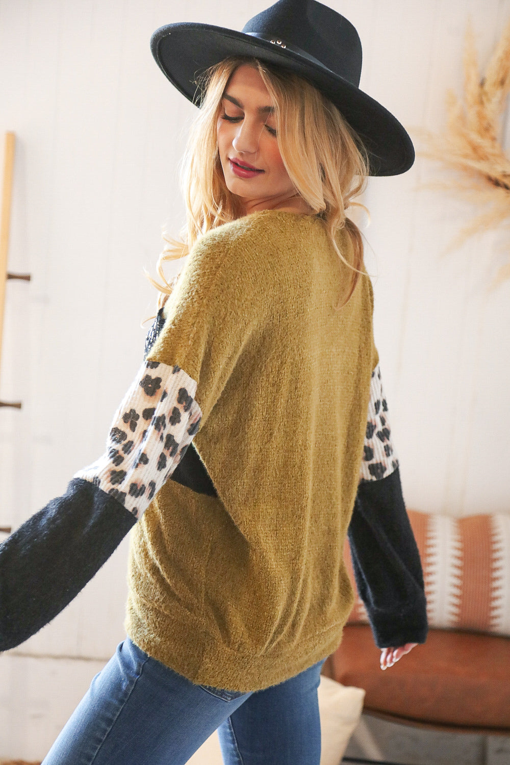 Olive Color Block Leopard Print Sequin Sweater