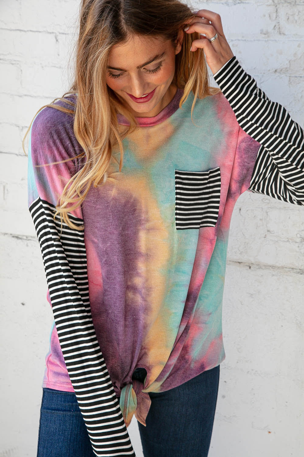 Tie Dye Stripe Front Knot French Terry Top