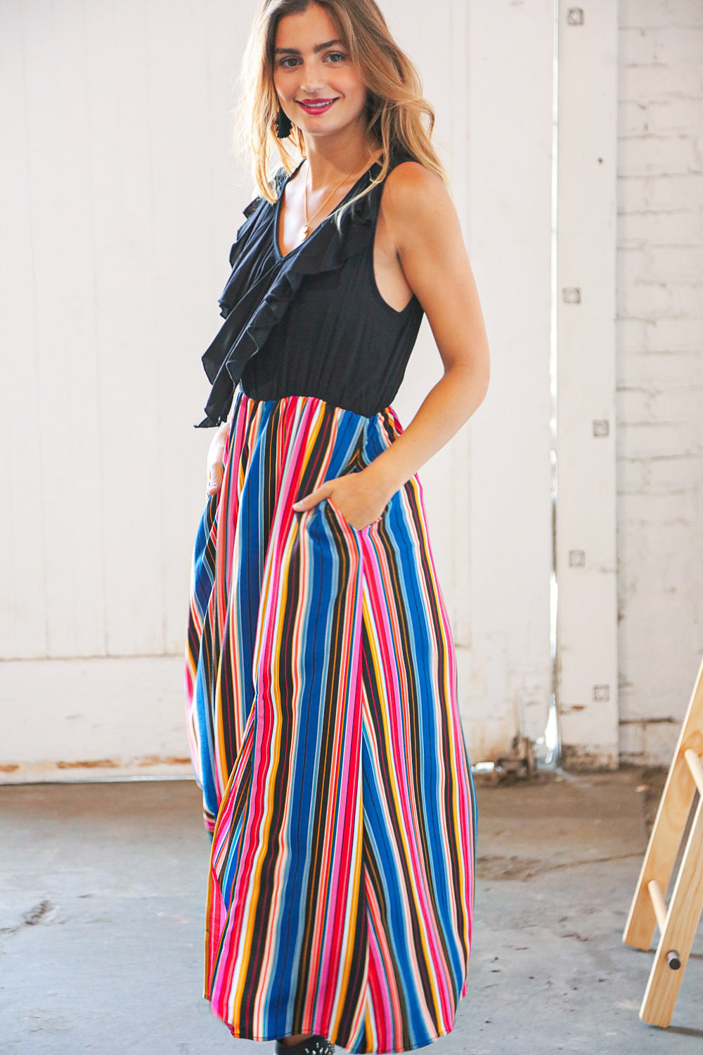 Multicolor Vertical Stripe Two Fer Ruffle Side Slit Maxi