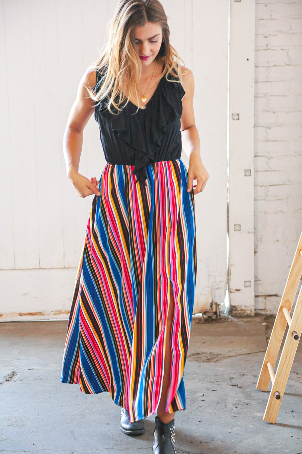 Multicolor Vertical Stripe Two Fer Ruffle Side Slit Maxi