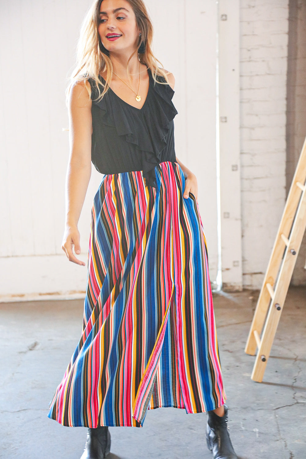 Multicolor Vertical Stripe Two Fer Ruffle Side Slit Maxi