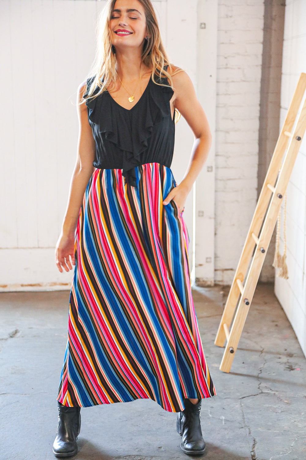 Multicolor Vertical Stripe Two Fer Ruffle Side Slit Maxi