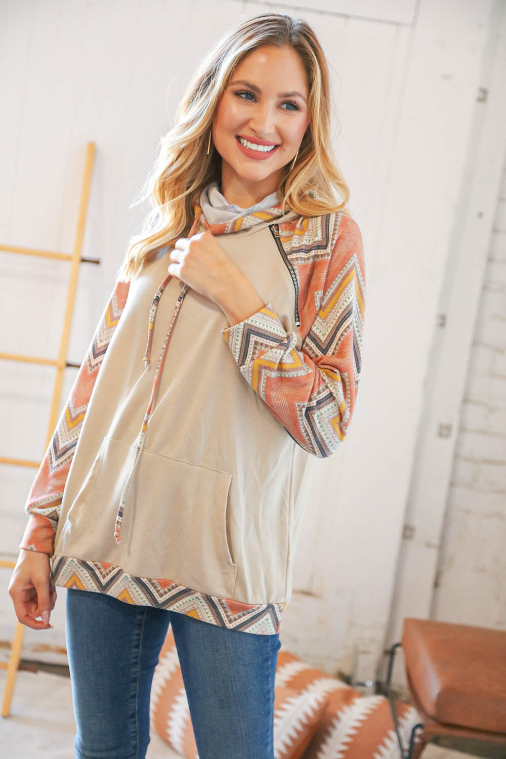 Taupe Chevron Color Block Zipper Hoddie