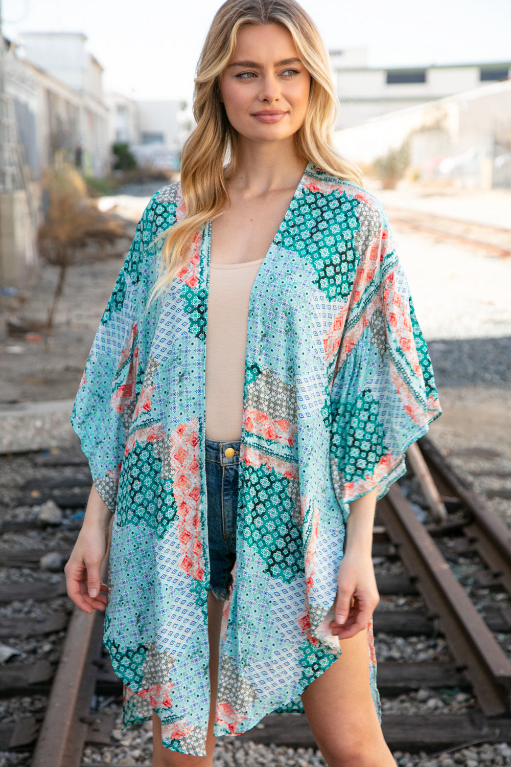 Teal Boho Ethnic Rayon Challis Cover Up Kimono