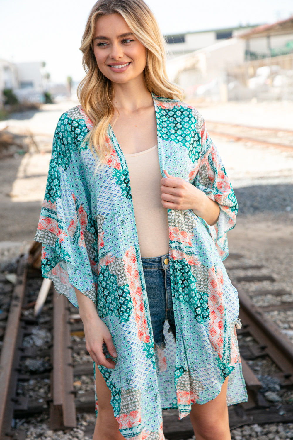 Teal Boho Ethnic Rayon Challis Cover Up Kimono