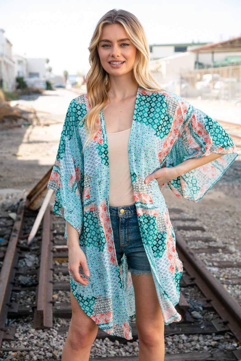 Teal Boho Ethnic Rayon Challis Cover Up Kimono