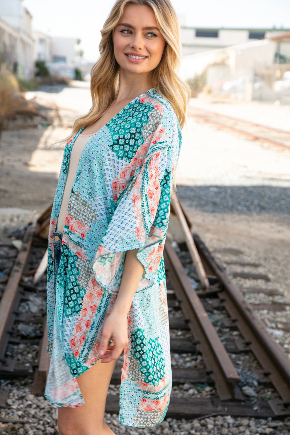 Teal Boho Ethnic Rayon Challis Cover Up Kimono