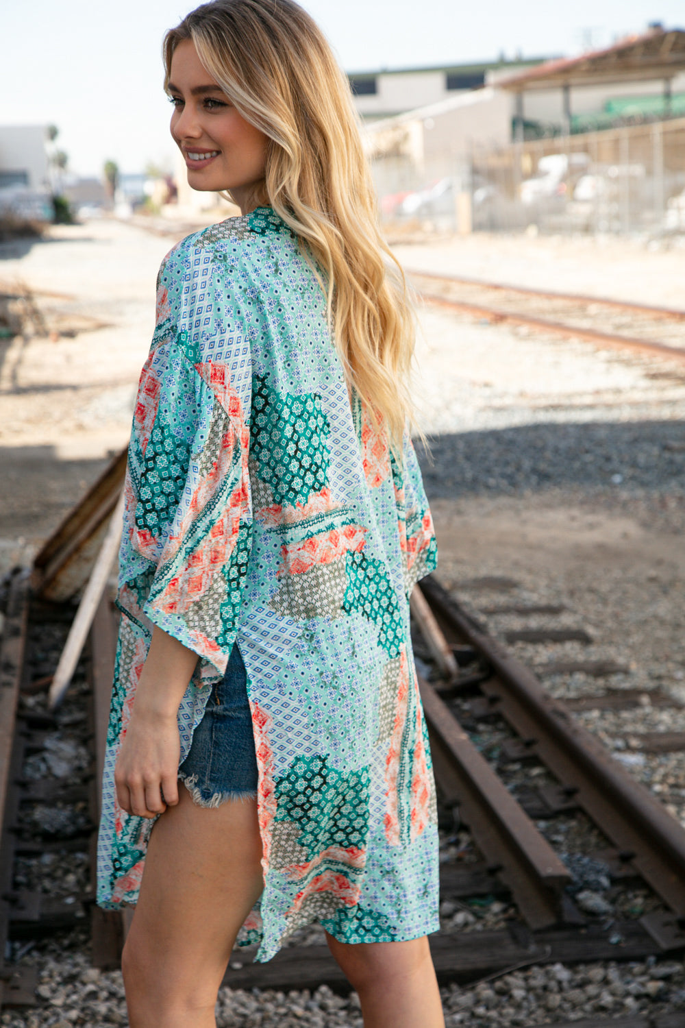 Teal Boho Ethnic Rayon Challis Cover Up Kimono