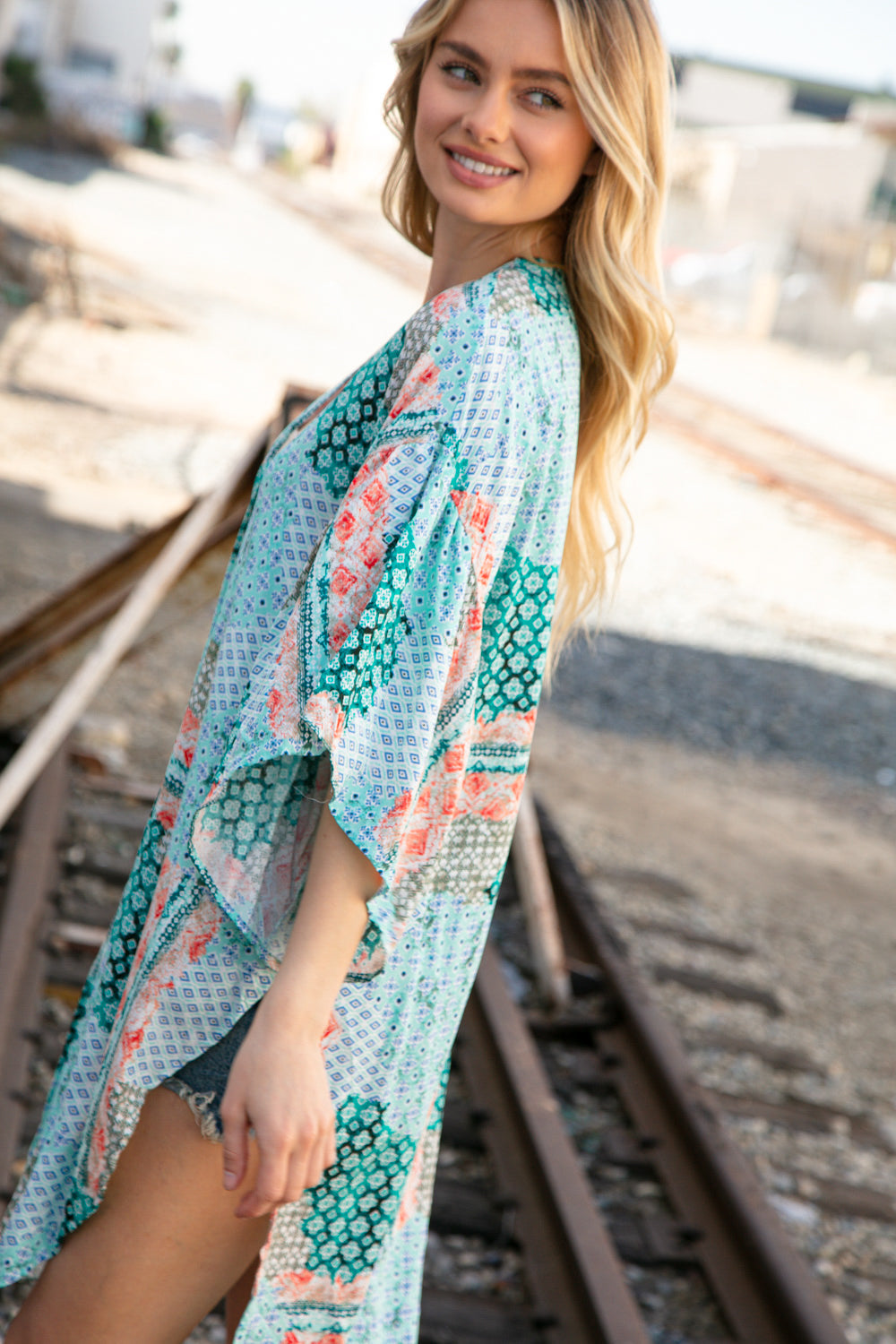 Teal Boho Ethnic Rayon Challis Cover Up Kimono