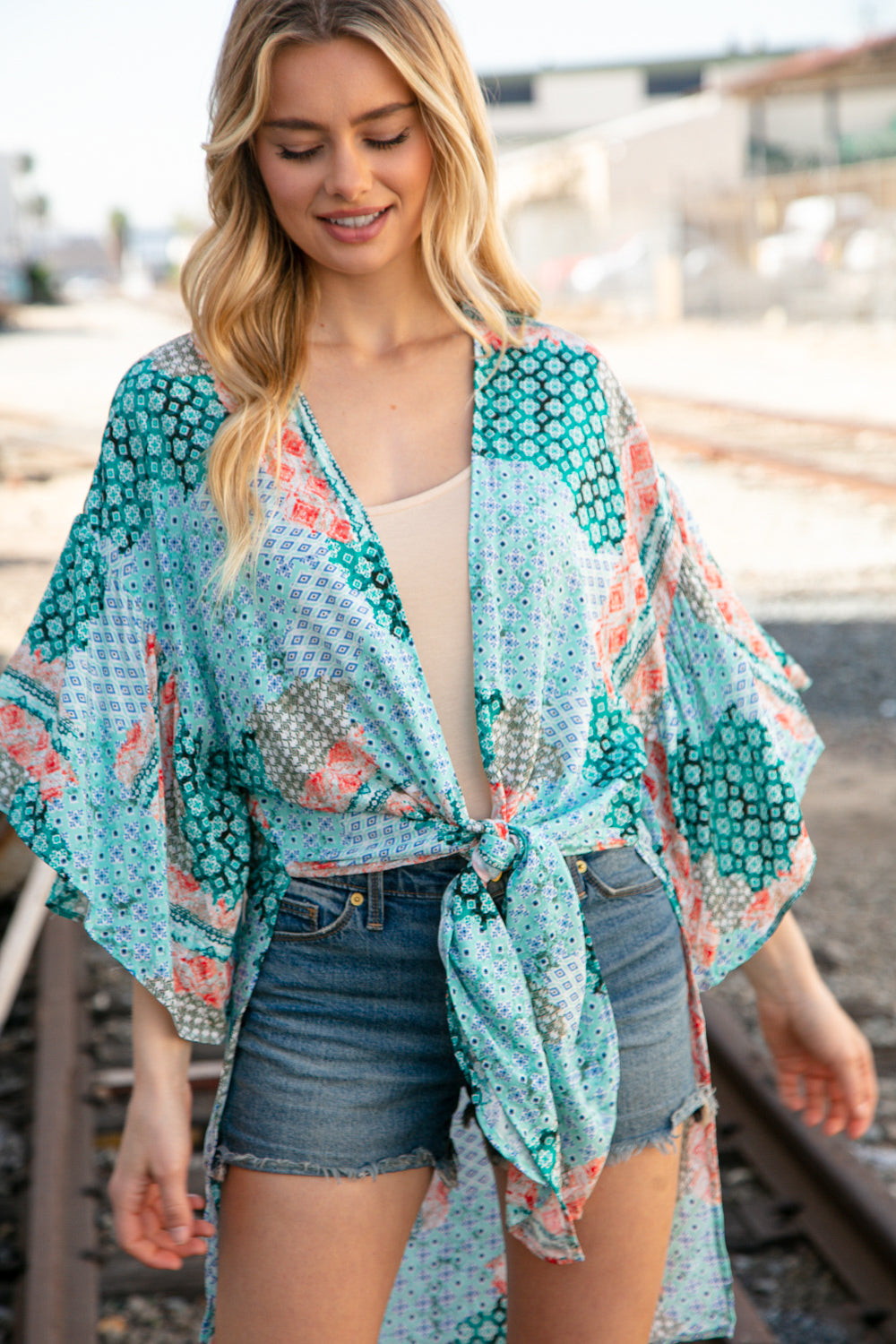 Teal Boho Ethnic Rayon Challis Cover Up Kimono