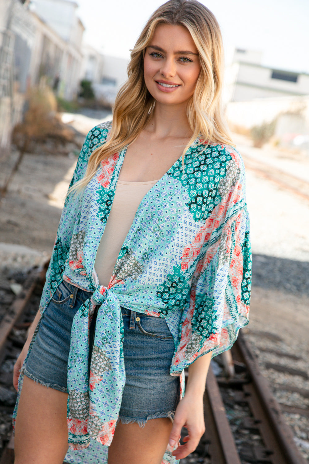 Teal Boho Ethnic Rayon Challis Cover Up Kimono