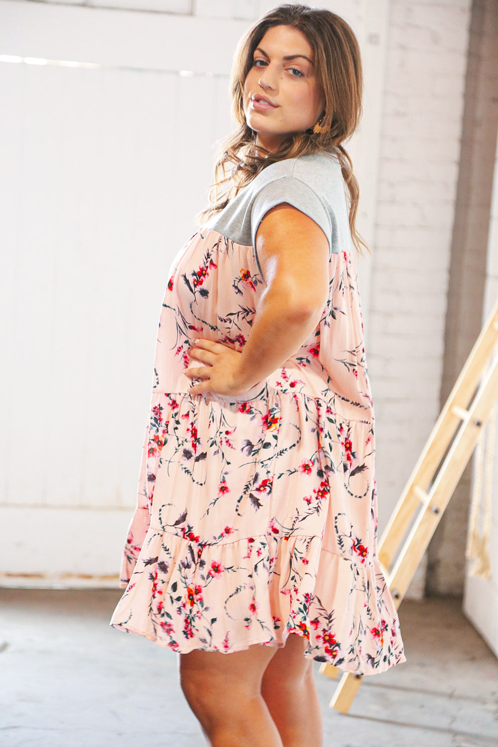 Blush Floral Crinkle Rayon & Terry Babydoll Tiered Dress