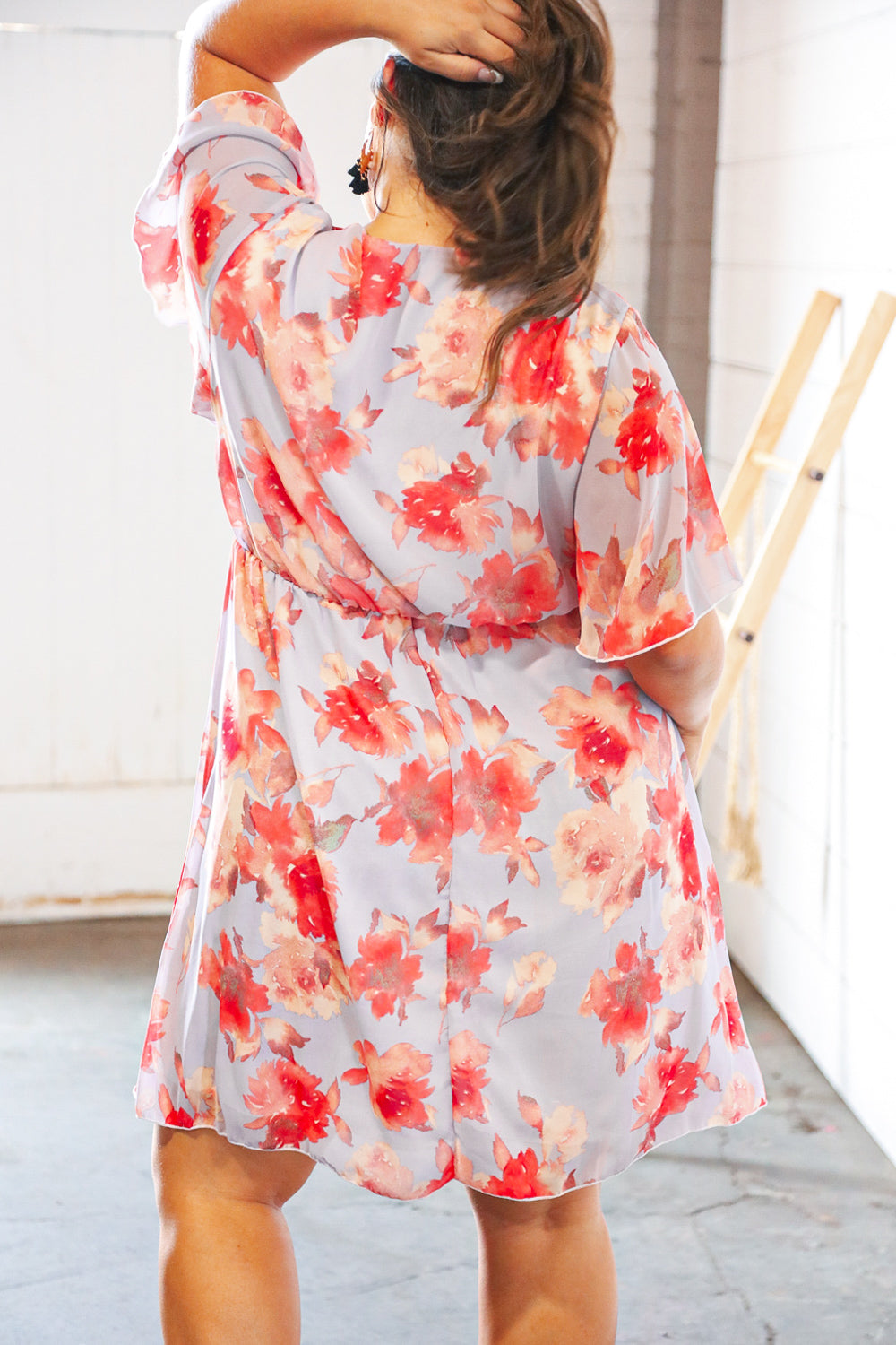 Lavendar Peach Floral Flutter Sleeve Lined Woven Dress