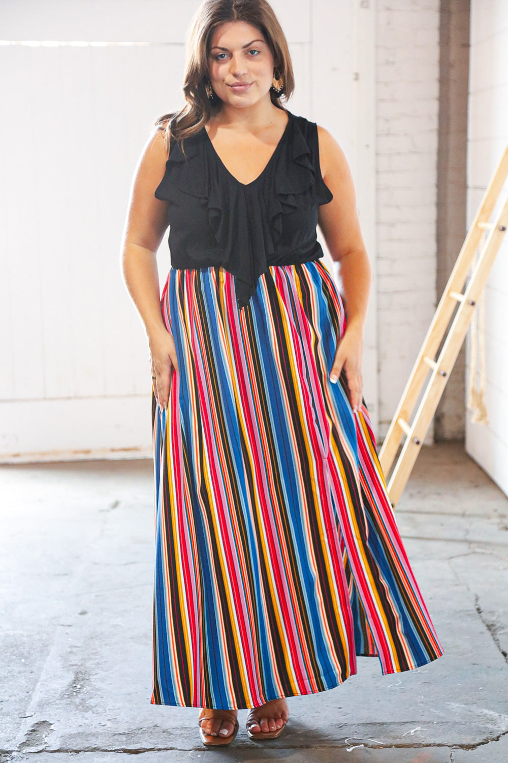 Multicolor Vertical Stripe Two Fer Ruffle Side Slit Maxi