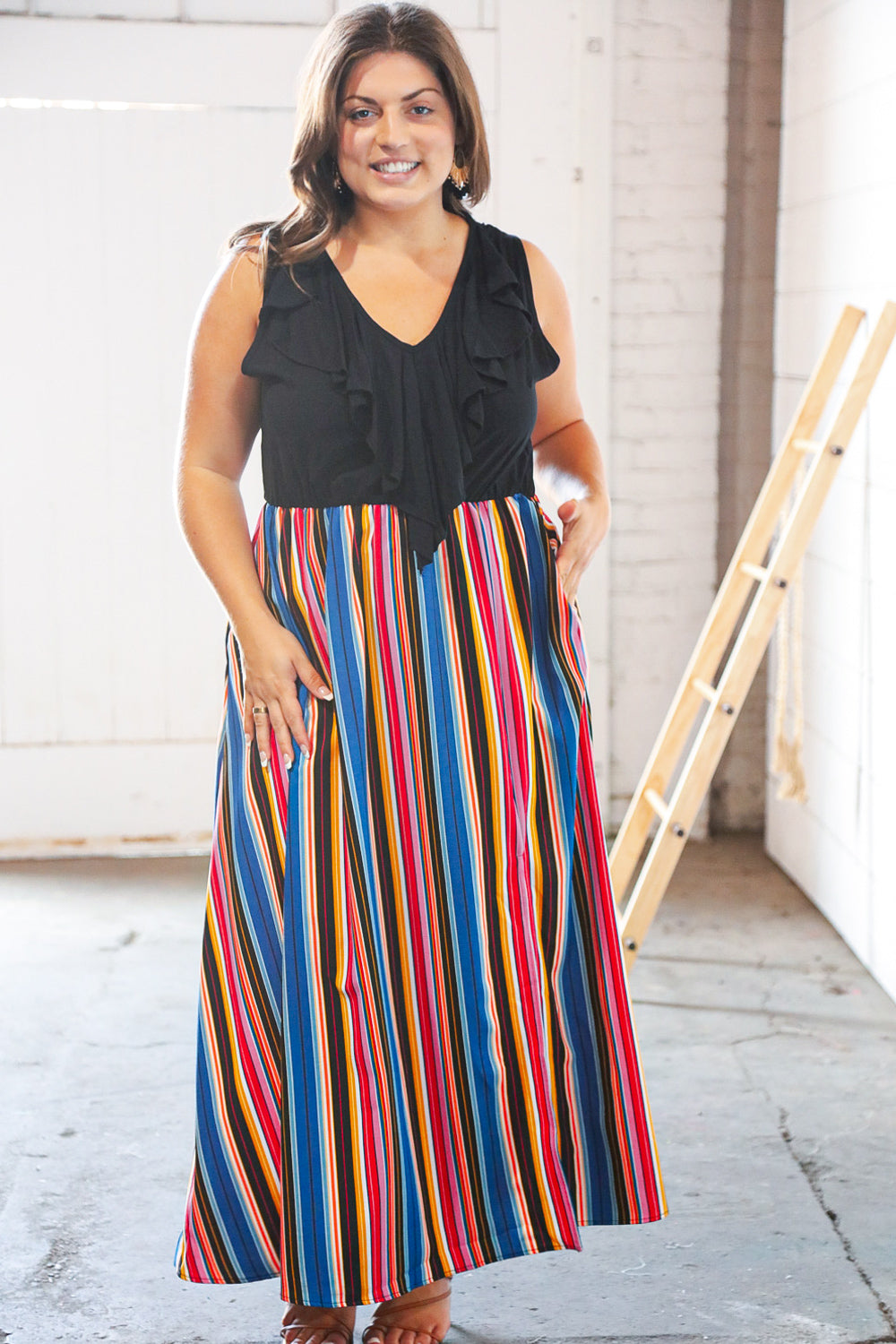 Multicolor Vertical Stripe Two Fer Ruffle Side Slit Maxi