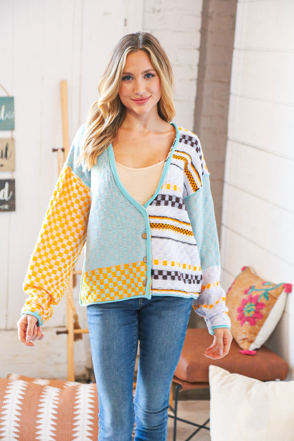 Gingham Color Block Patchwork Cardigan