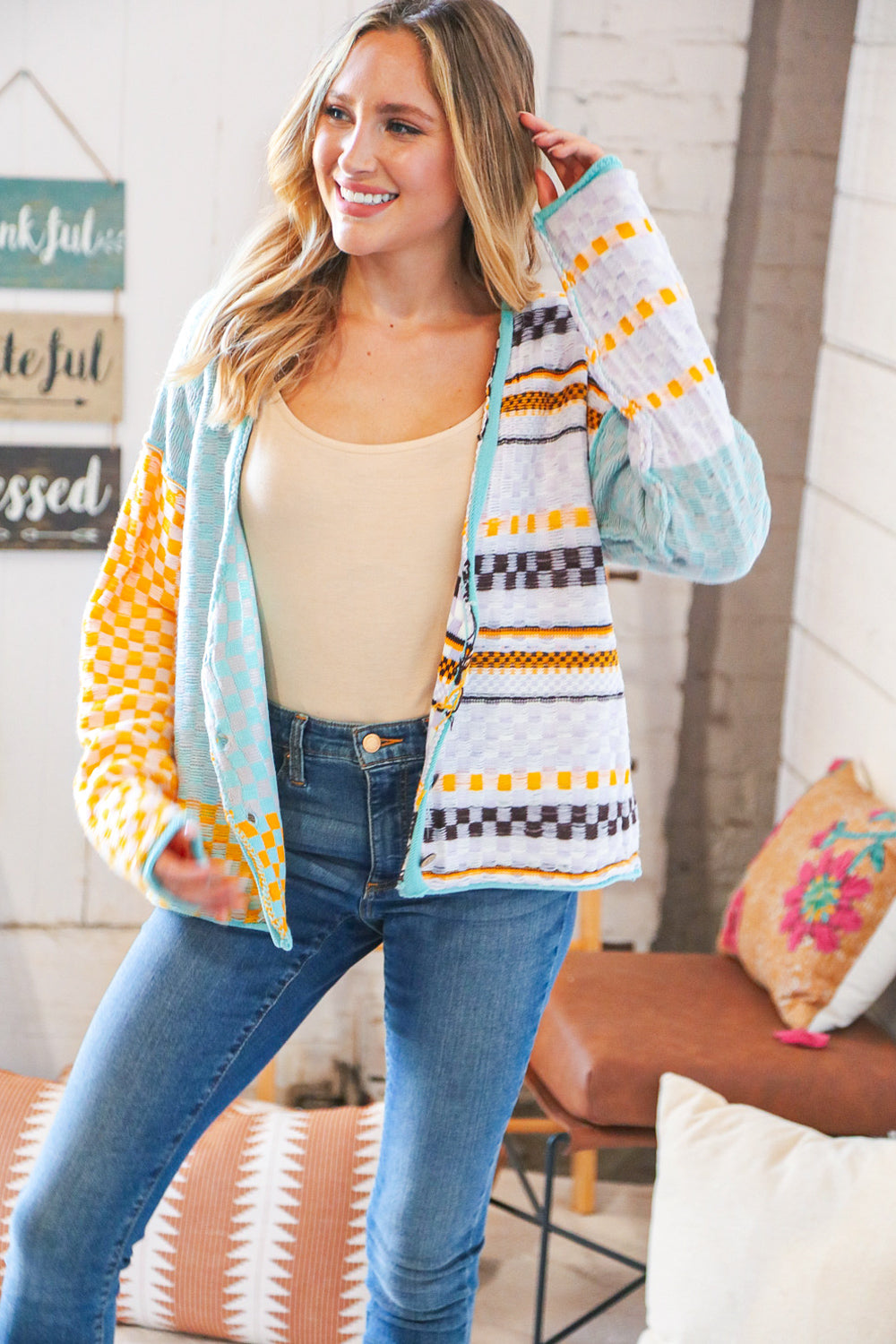 Gingham Color Block Patchwork Cardigan