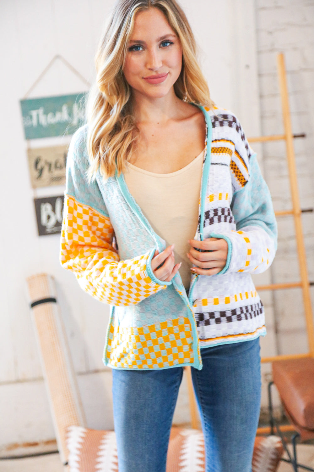 Gingham Color Block Patchwork Cardigan