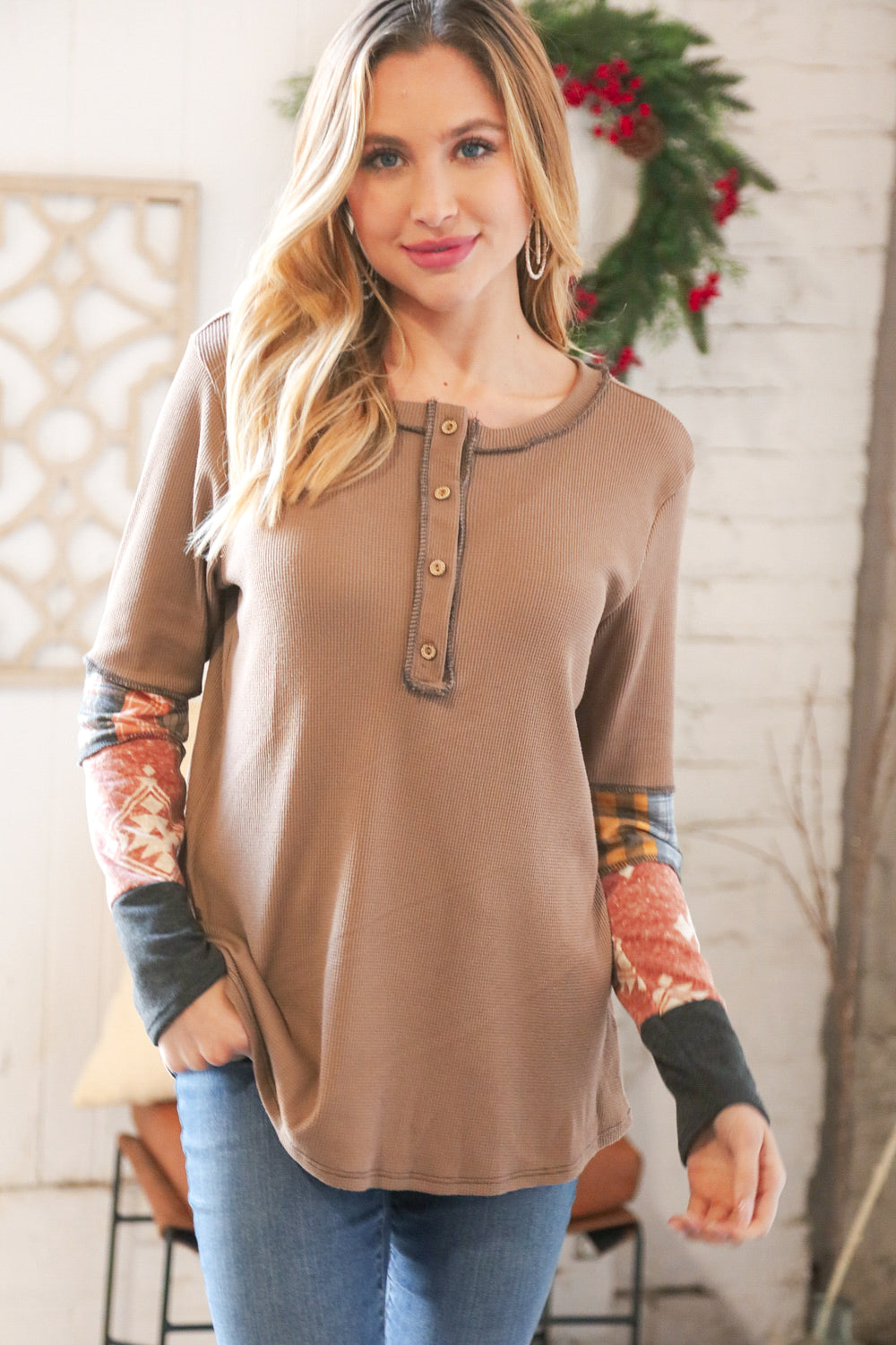 Light Brown Thermal Button Down Colorblock Top