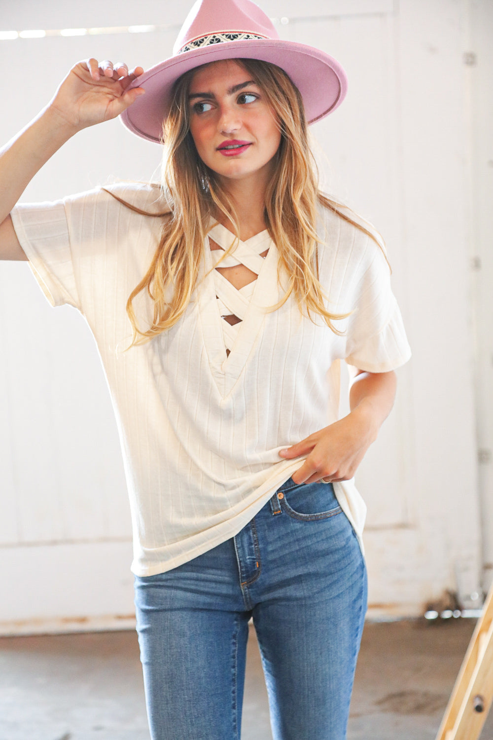 Oatmeal Criss Cross Terry Rib Dolman Sleeve Knit Top